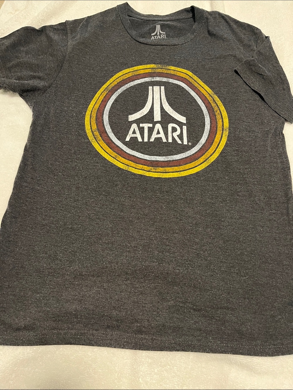 Atari Logo Retro Graphic Tee - Charcoal with Yellow & Red Rings Sz Medium